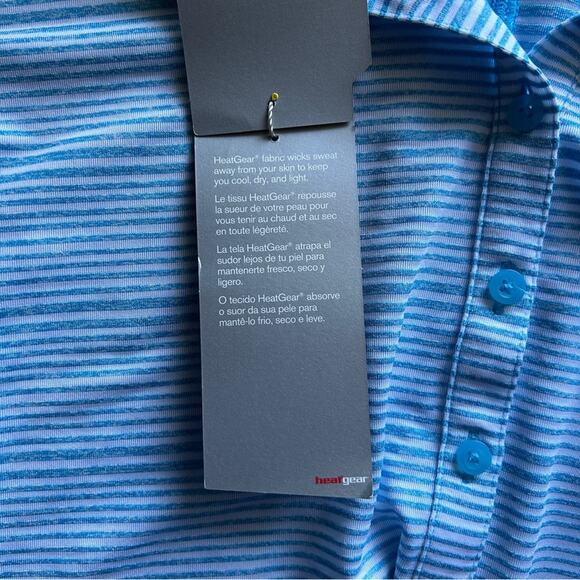 Under Armour Blue/White Striped Heat Gear Fitted Sleeveless Golf Polo Size Large - Picture 12 of 13